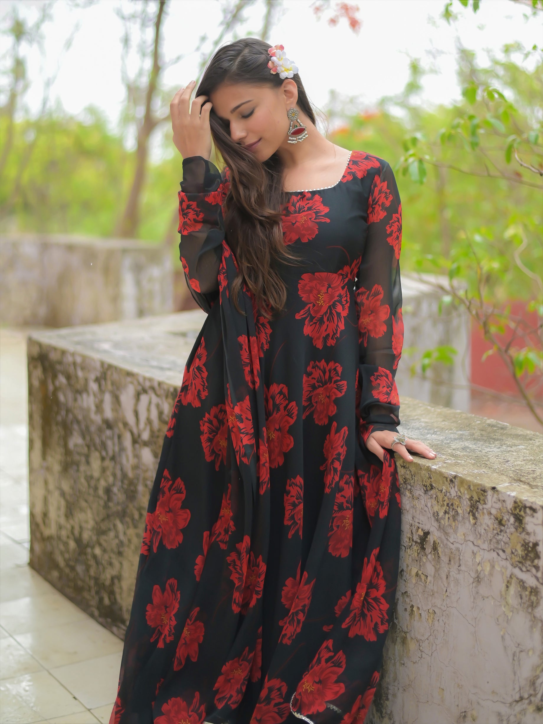 Black and Red Floral Anarkali Kurta with Dupatta