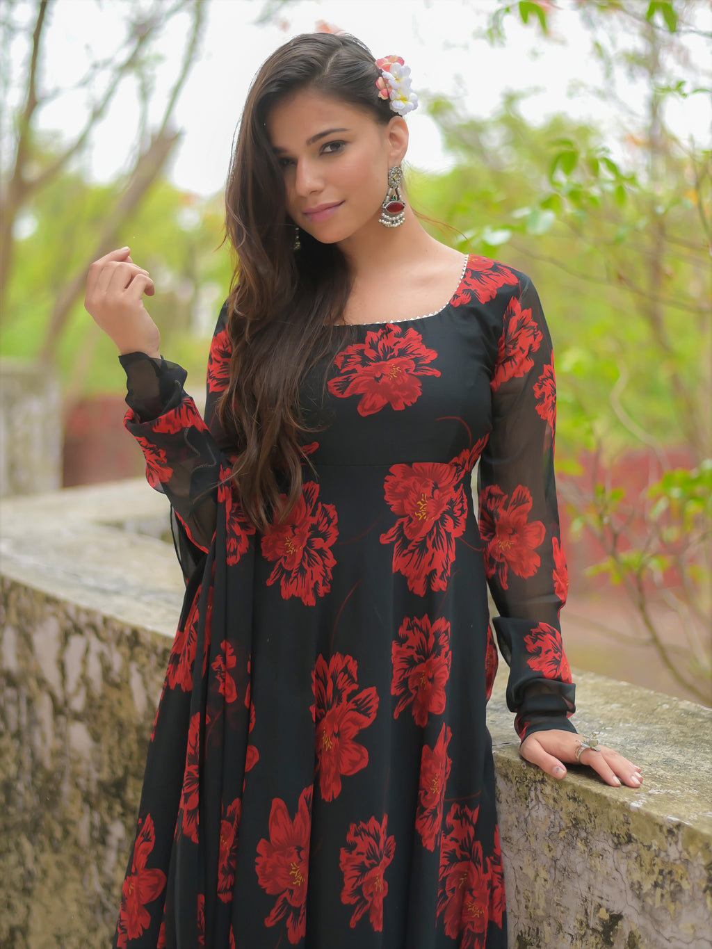 Black and Red Floral Anarkali Kurta with Dupatta