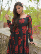 Black and Red Floral Anarkali Kurta with Dupatta