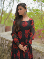 Black and Red Floral Anarkali Kurta with Dupatta