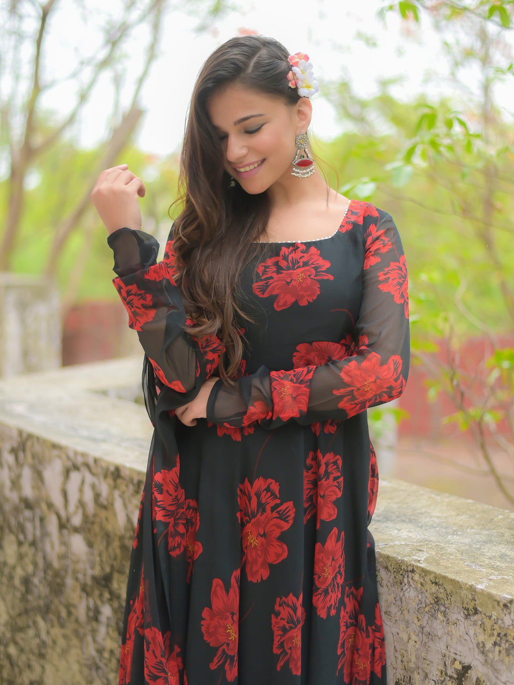 Black and Red Floral Anarkali Kurta with Dupatta