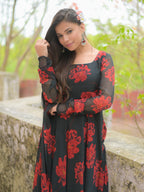 Black and Red Floral Anarkali Kurta with Dupatta