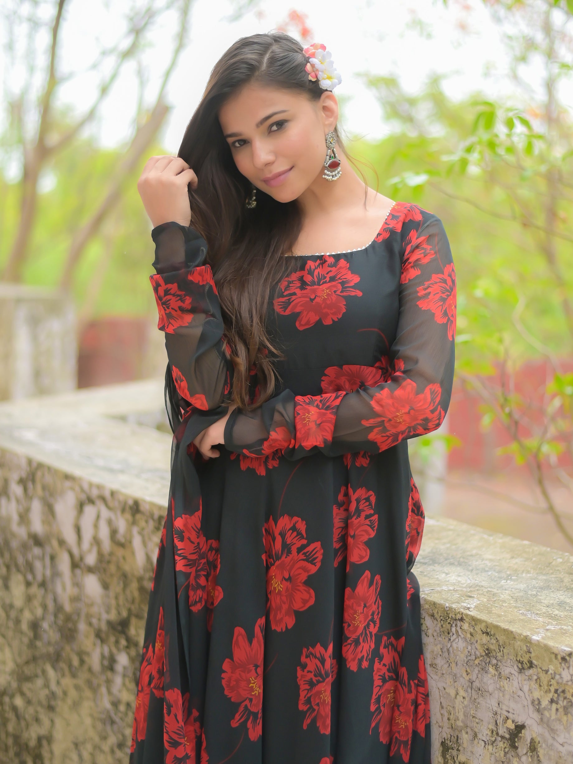 Black and Red Floral Anarkali Kurta with Dupatta