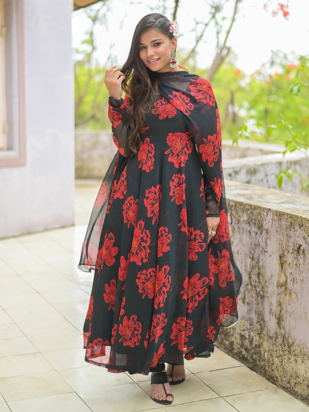 Black and Red Floral Anarkali Kurta with Dupatta