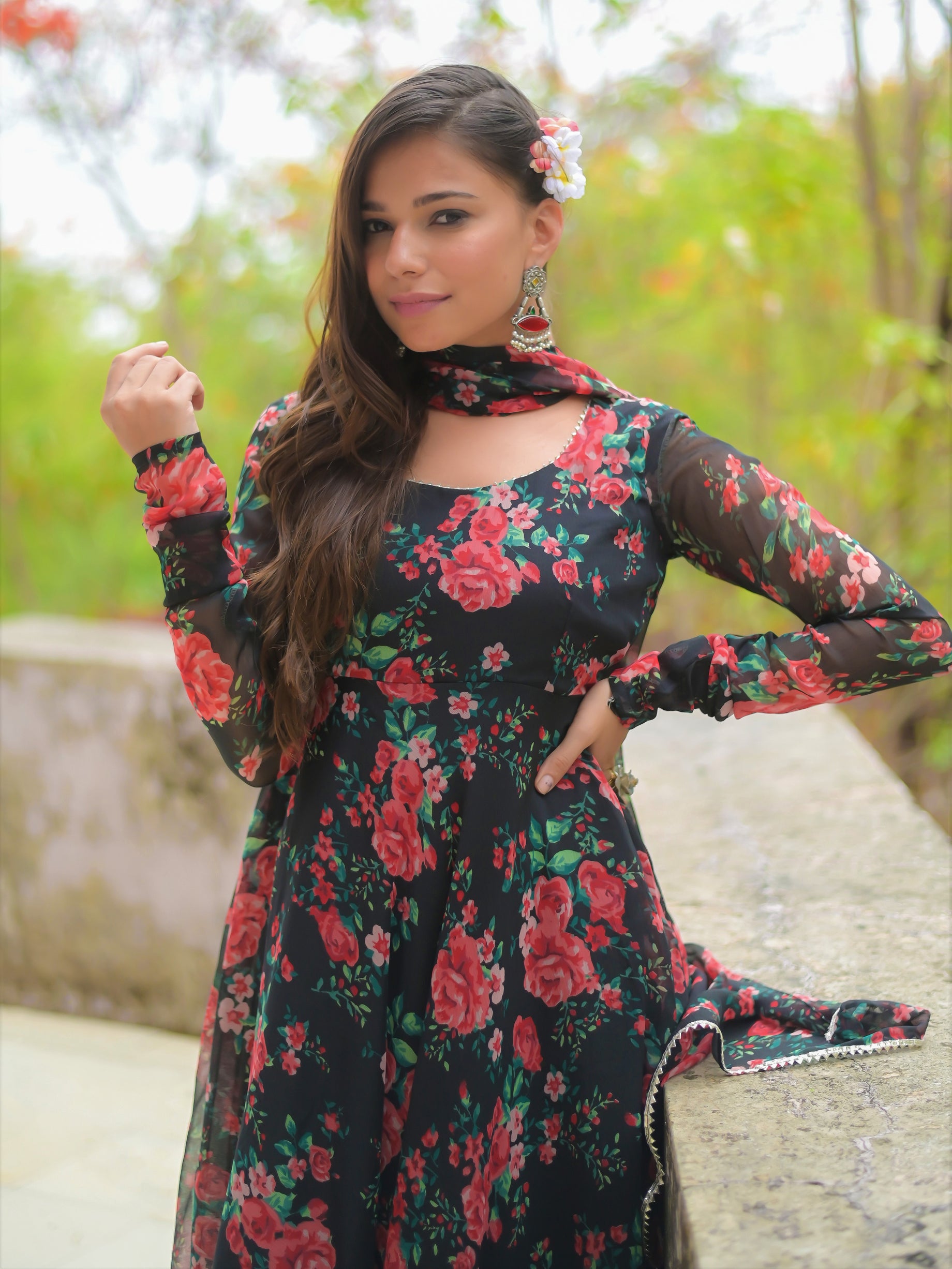 Black Red Rose Floral Anarkali Kurta