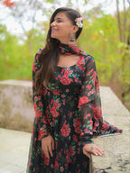 Black Red Rose Floral Anarkali Kurta