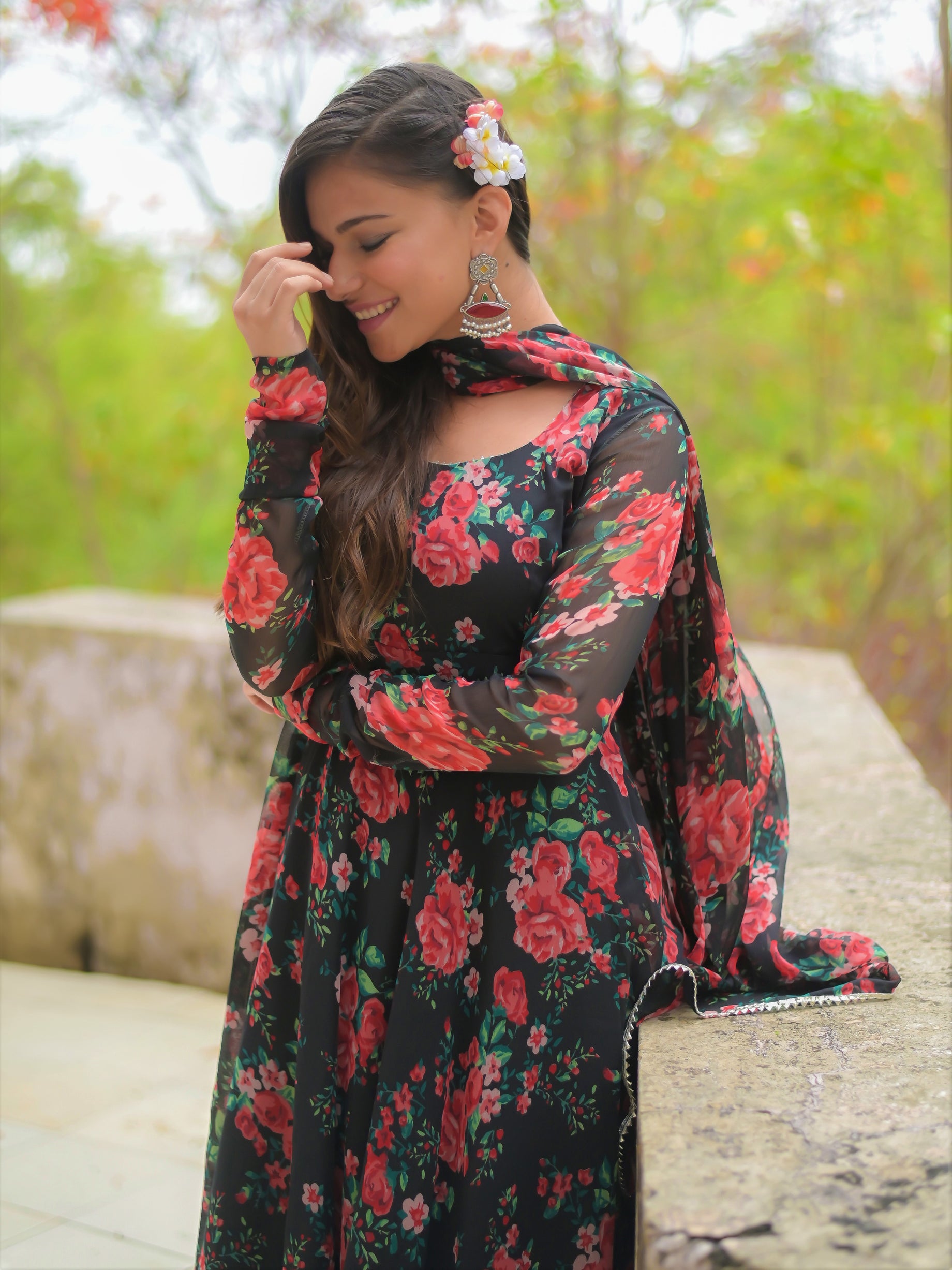 Black Red Rose Floral Anarkali Kurta