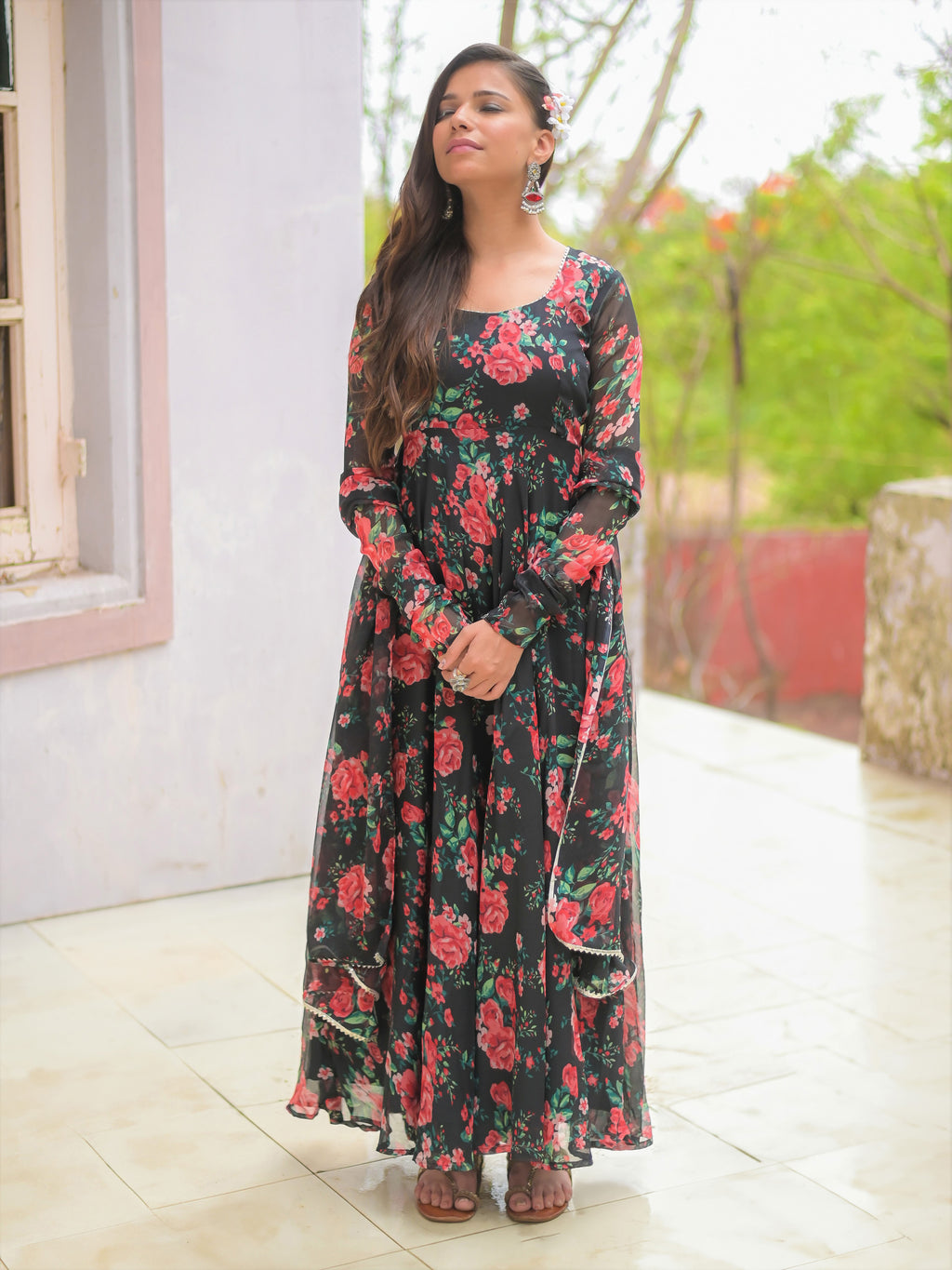 Black Red Rose Floral Anarkali Kurta