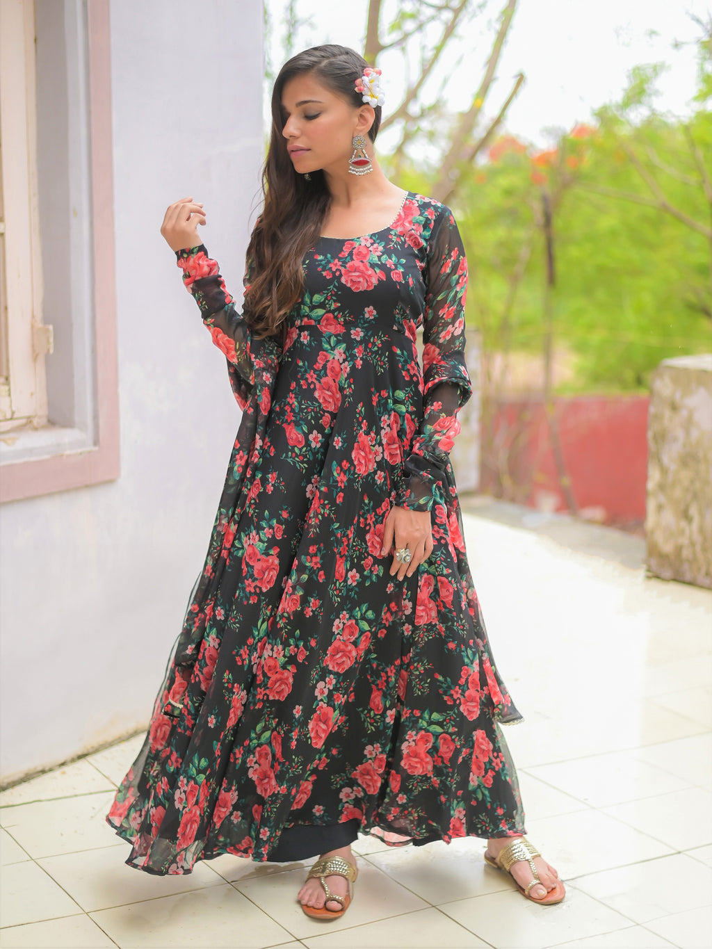 Black Red Rose Floral Anarkali Kurta