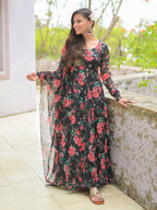 Black Red Rose Floral Anarkali Kurta
