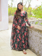 Black Red Rose Floral Anarkali Kurta