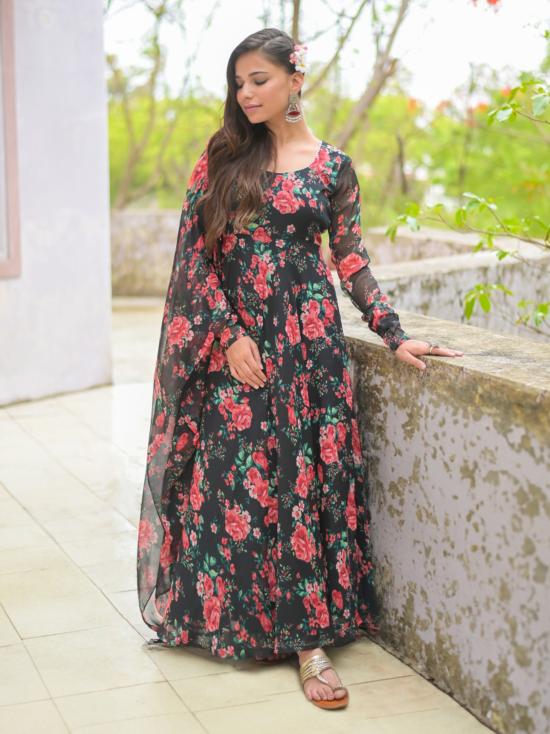 Black Red Rose Floral Anarkali Kurta