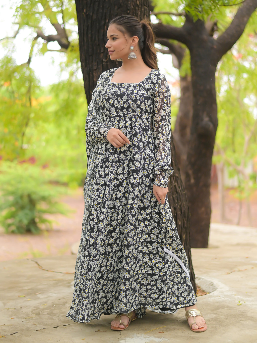 Black and White Anarkali Kurta with dupatta