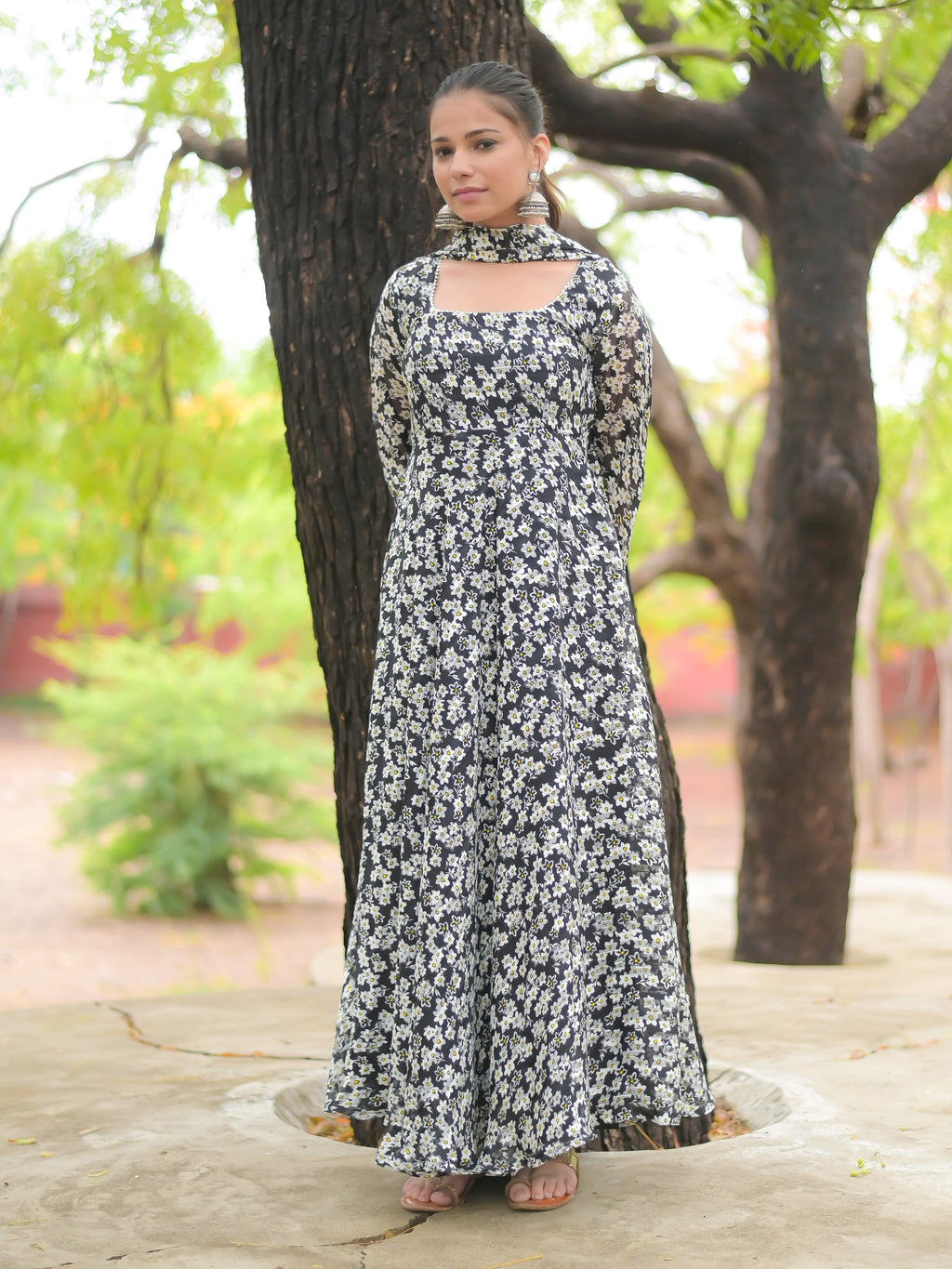 Black and White Anarkali Kurta with dupatta