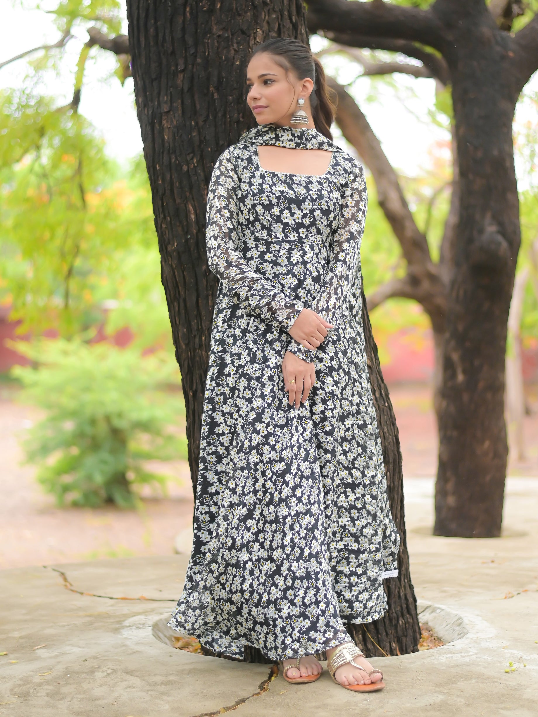 Black and White Anarkali Kurta with dupatta