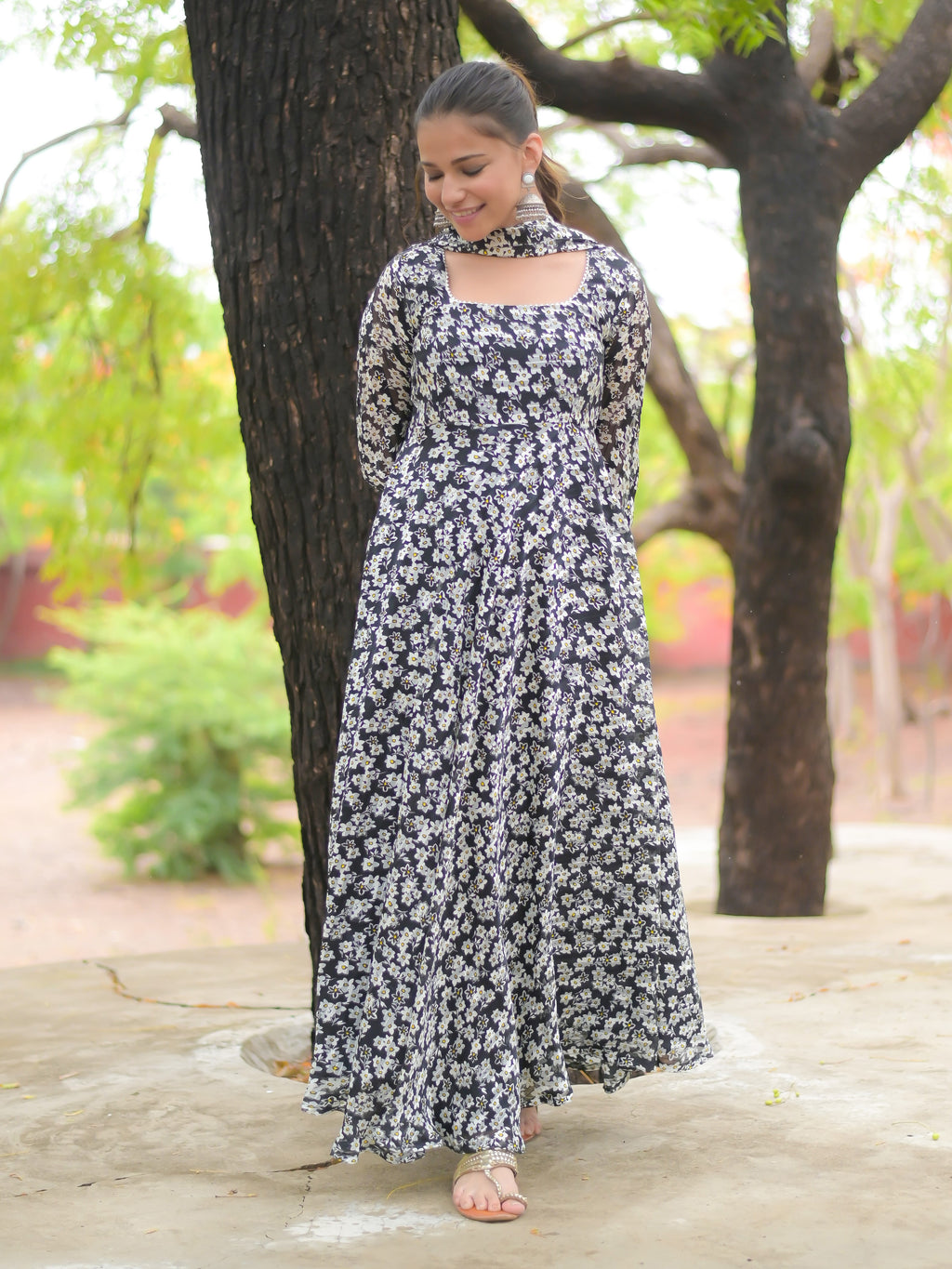 Black and White Anarkali Kurta with dupatta