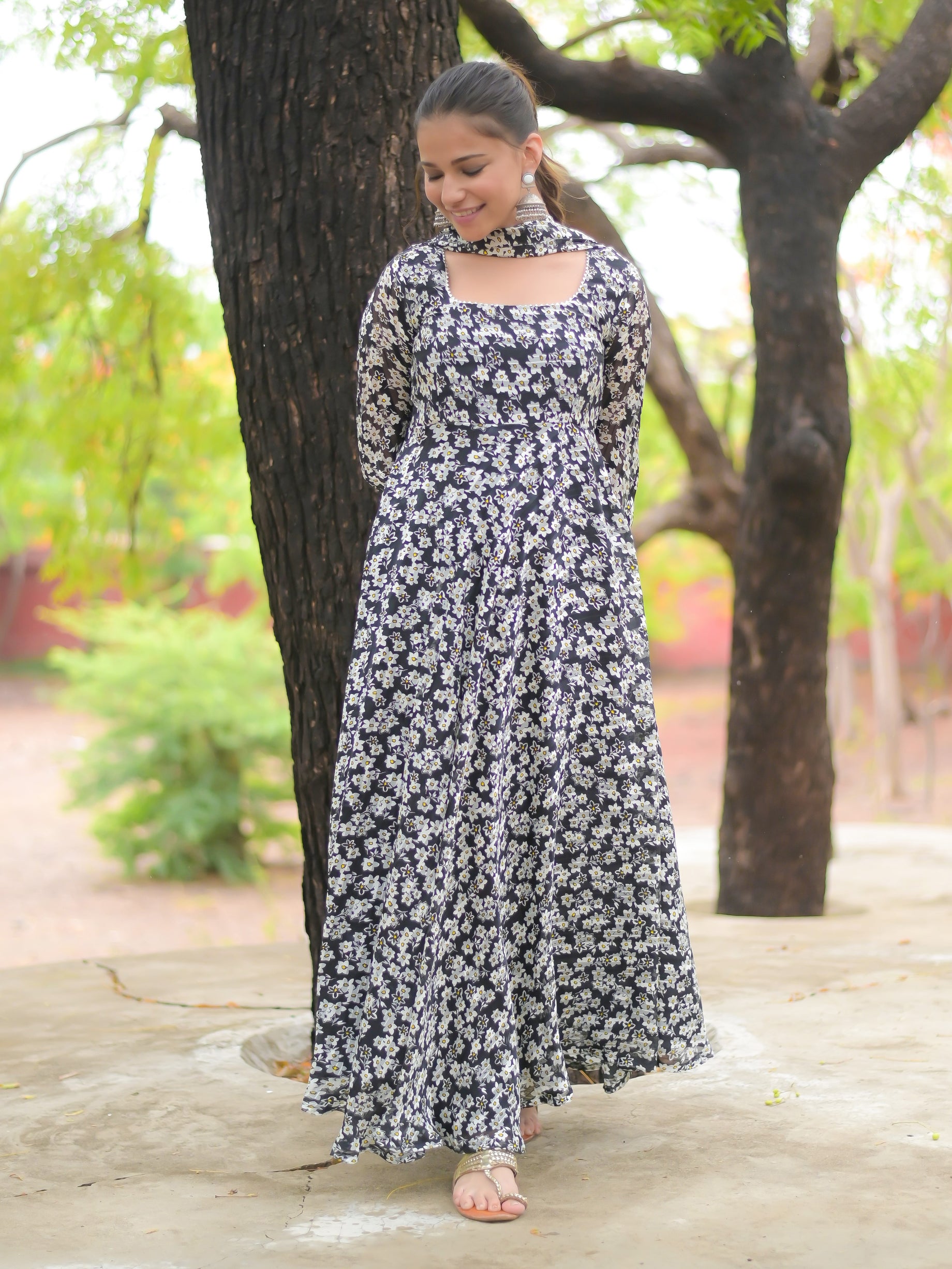 Black and White Anarkali Kurta with dupatta