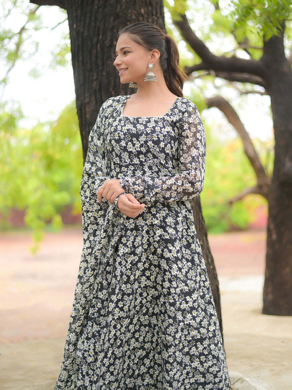 Black and White Anarkali Kurta with dupatta