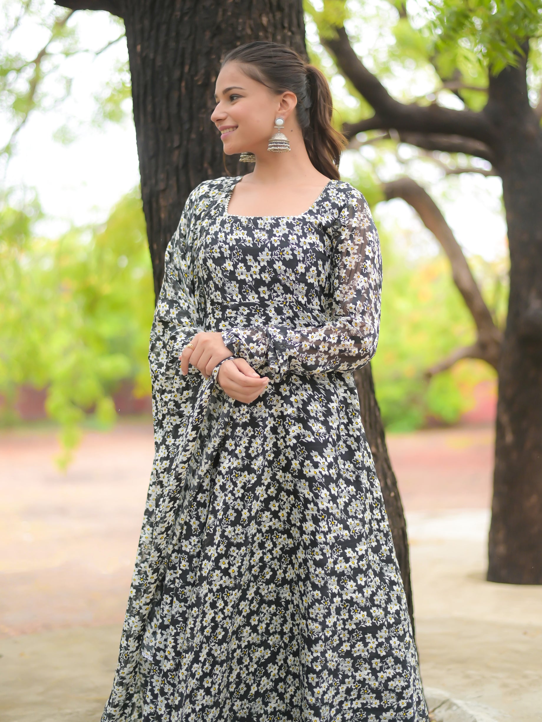 Black and White Anarkali Kurta with dupatta