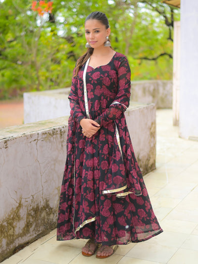 Black Magenta Rose Floral Anarkali Kurta