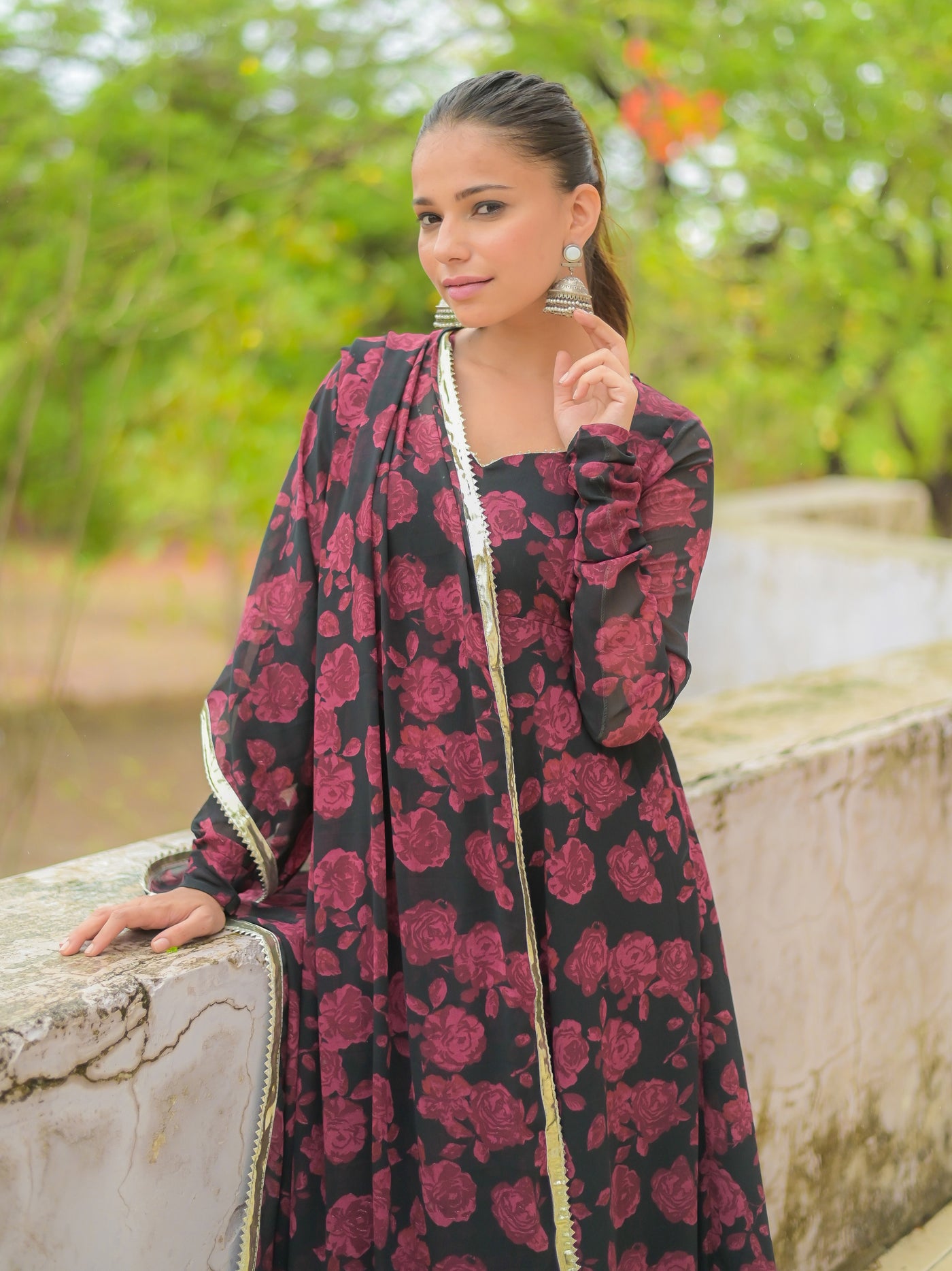 Black Magenta Rose Floral Anarkali Kurta