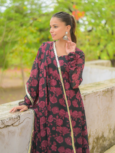 Black Magenta Rose Floral Anarkali Kurta