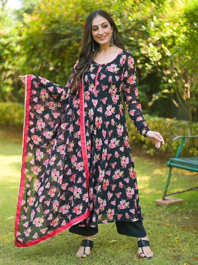 Black Rose Floral Anarkali Suit Set