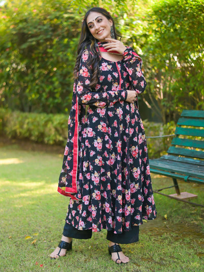 Black Rose Floral Anarkali Suit Set