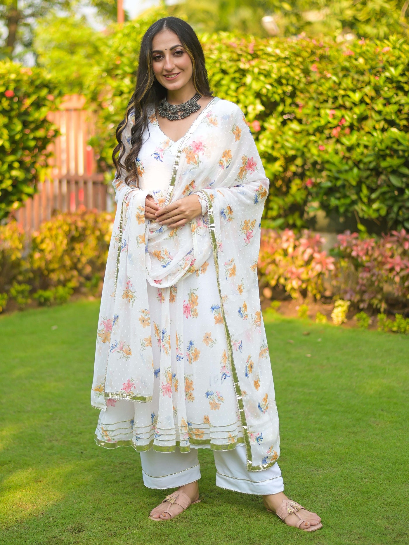 White Floral Gota Patti Chiffon Anarkali Suit Set