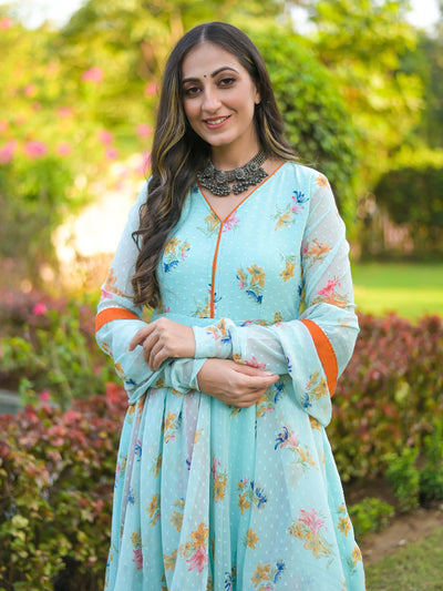 Arctic blue Orange Chiffon Anarkali Suit Set