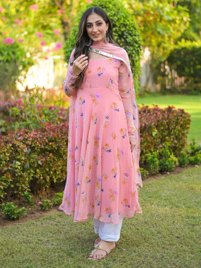 Peach Floral Gota Patti Chiffon Anarkali Suit Set