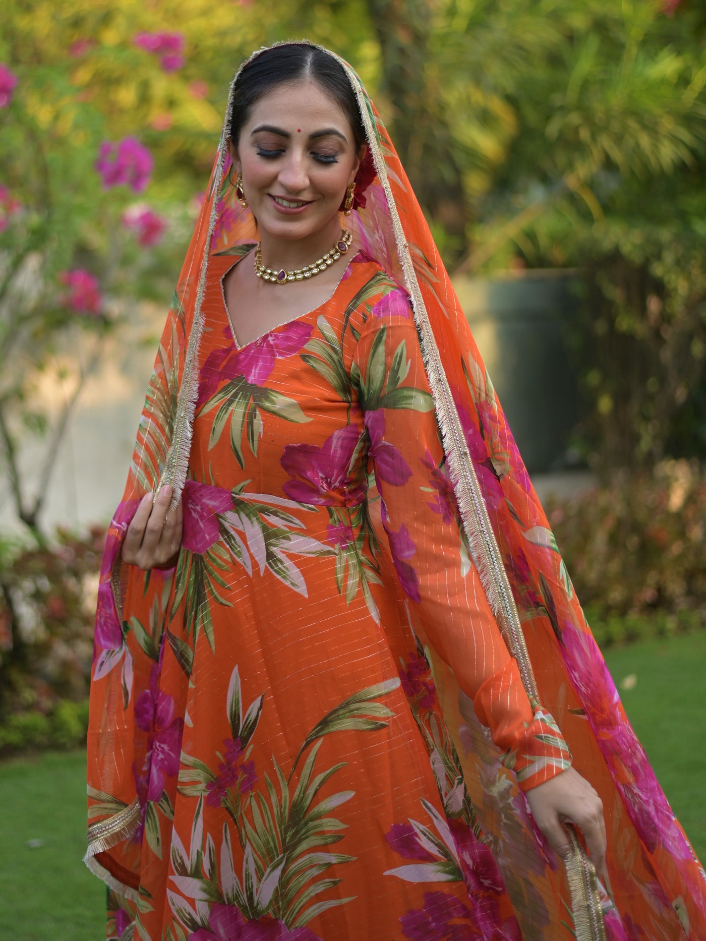Orange Floral Chiffon Anarkali Suit Set