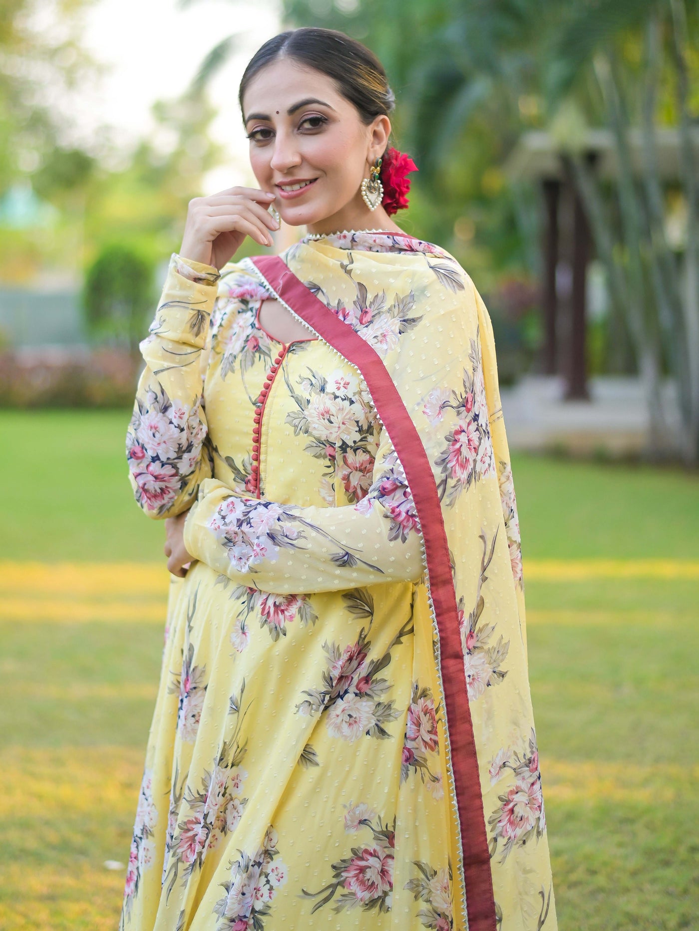 Yellow Floral Chiffon Anarkali Suit Set