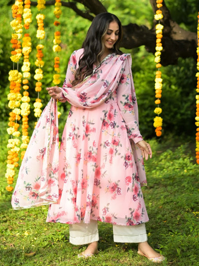 Lotus Pink Floral Anarkali Suit Set