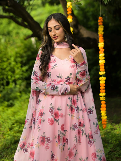 Lotus Pink Floral Anarkali Suit Set