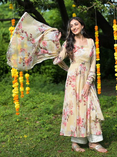 Beige Floral Anarkali Suit Set