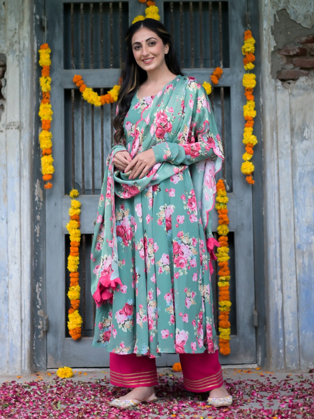 Jade Green Floral Anarkali Suit Set