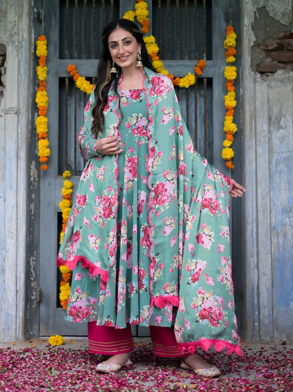Jade Green Floral Anarkali Suit Set