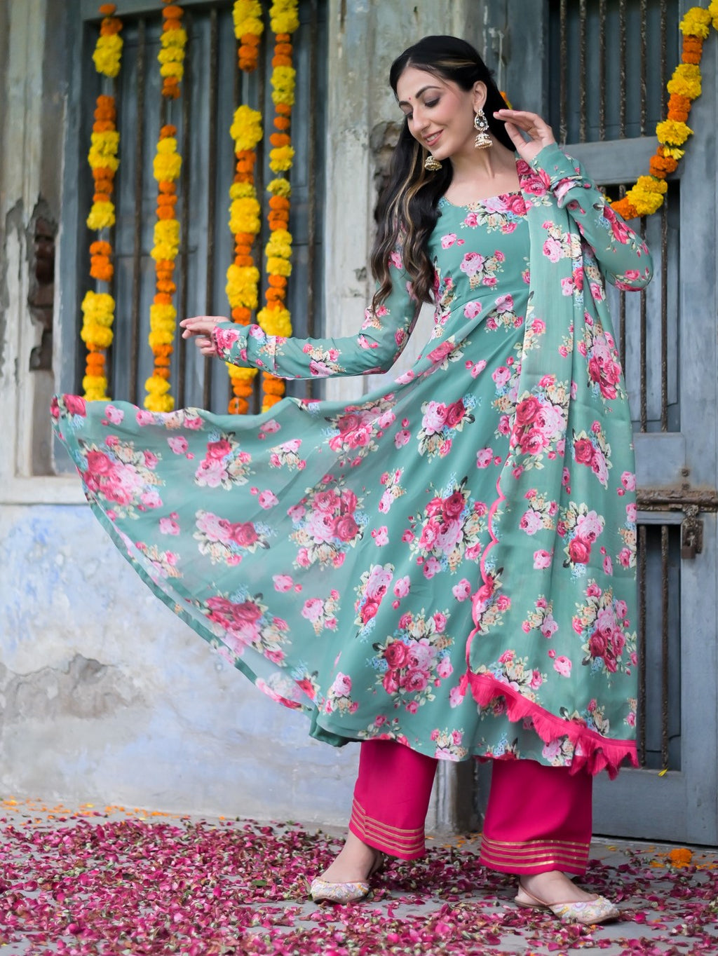 Jade Green Floral Anarkali Suit Set