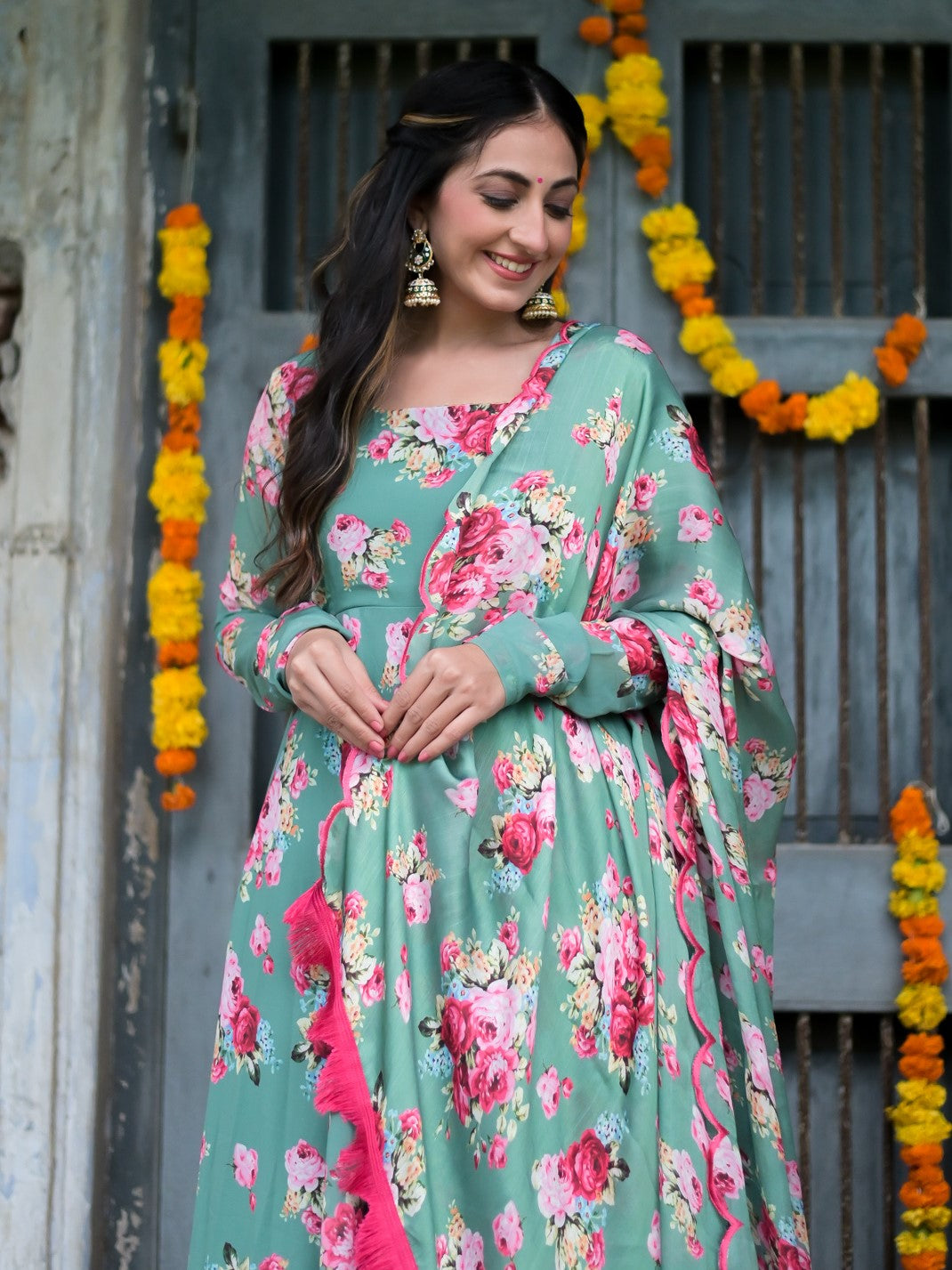 Jade Green Floral Anarkali Suit Set