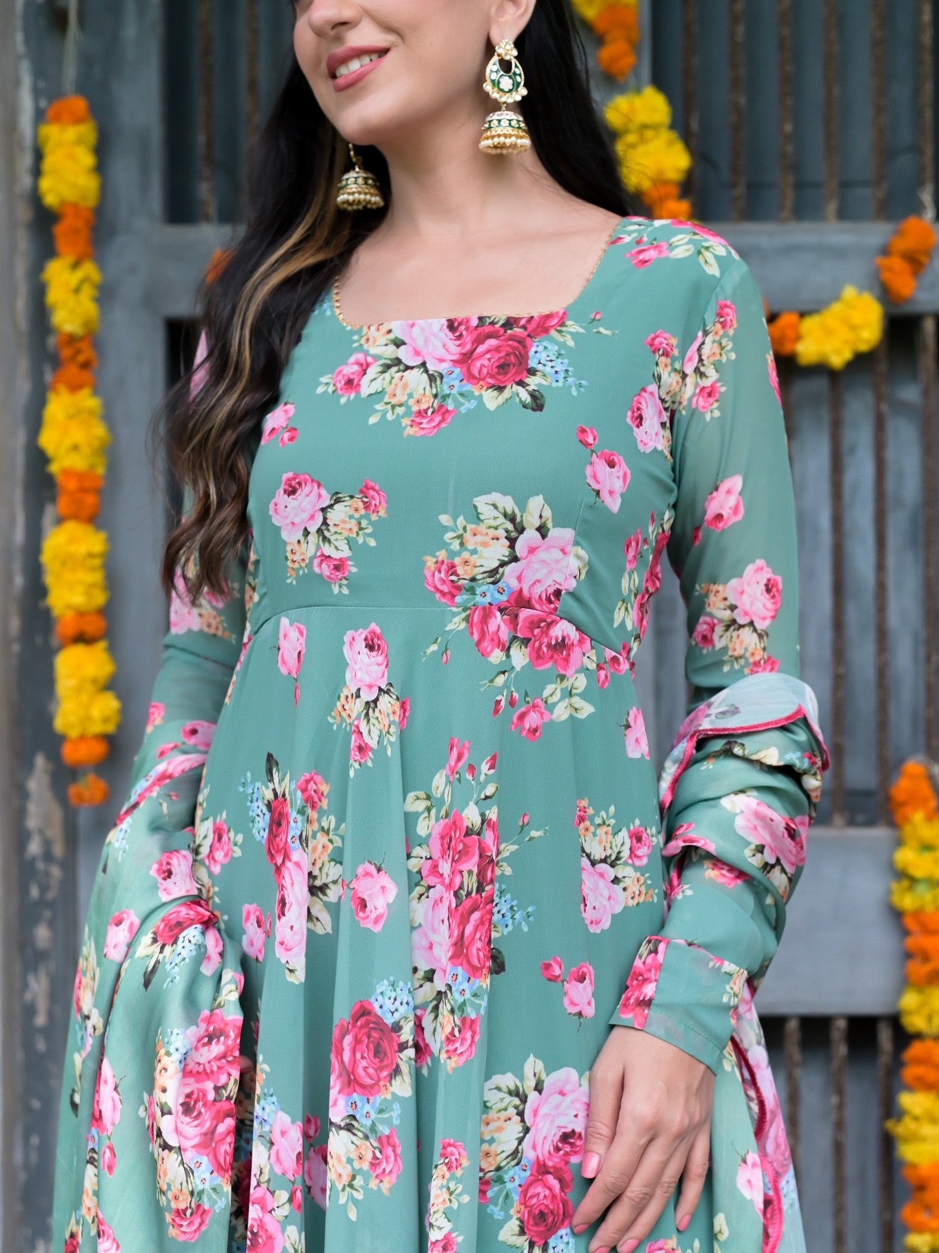 Jade Green Floral Anarkali Suit Set