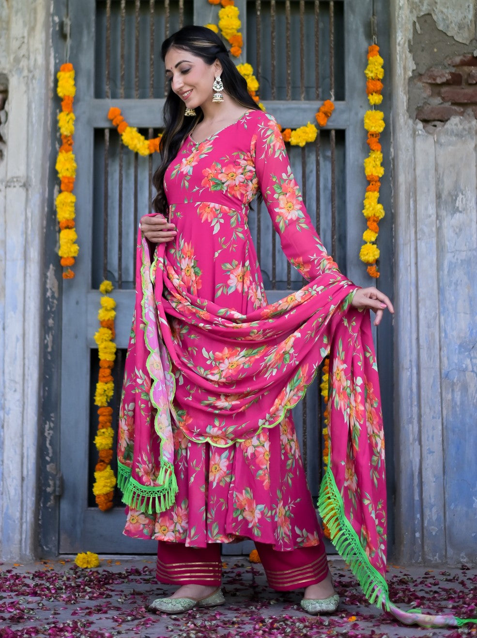 Pink Floral Anarkali Suit Set