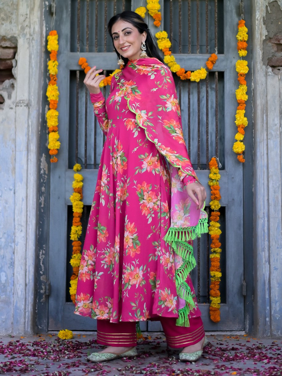 Pink Floral Anarkali Suit Set