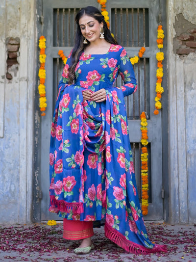 Deep Blue Floral Anarkali Suit Set