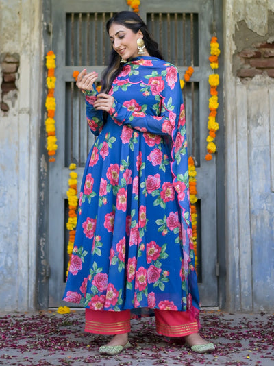 Deep Blue Floral Anarkali Suit Set