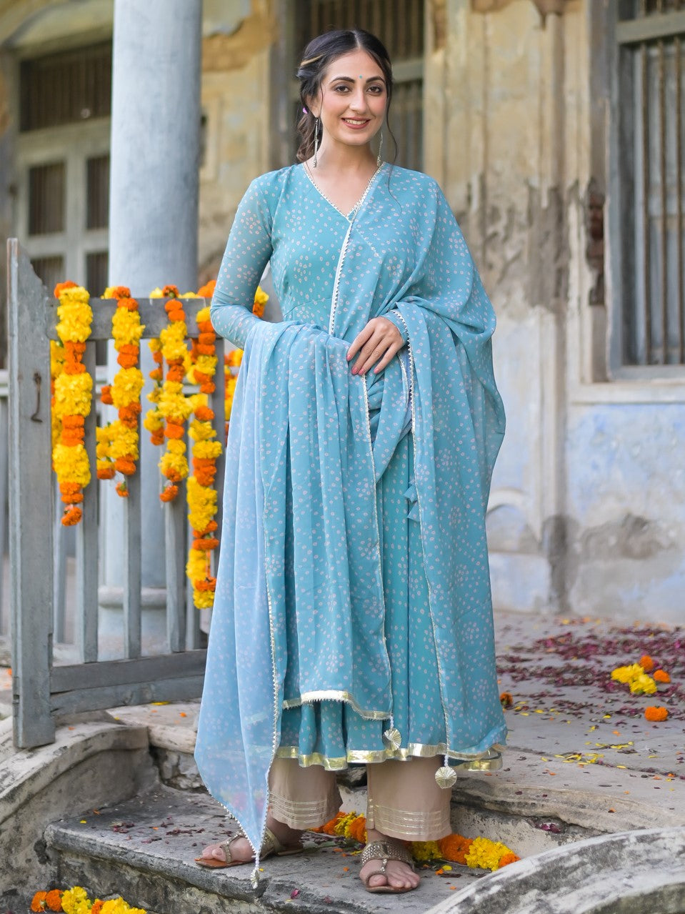 Teal Green Bandhani Anarkali Suit Set