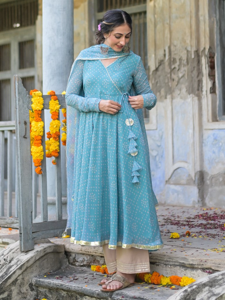 Teal Green Bandhani Angrakha Anarkali Kurta kramifashion