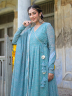 Teal Green Bandhani Anarkali Suit Set