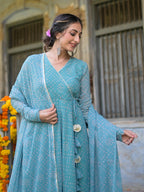 Teal Green Bandhani Anarkali Suit Set