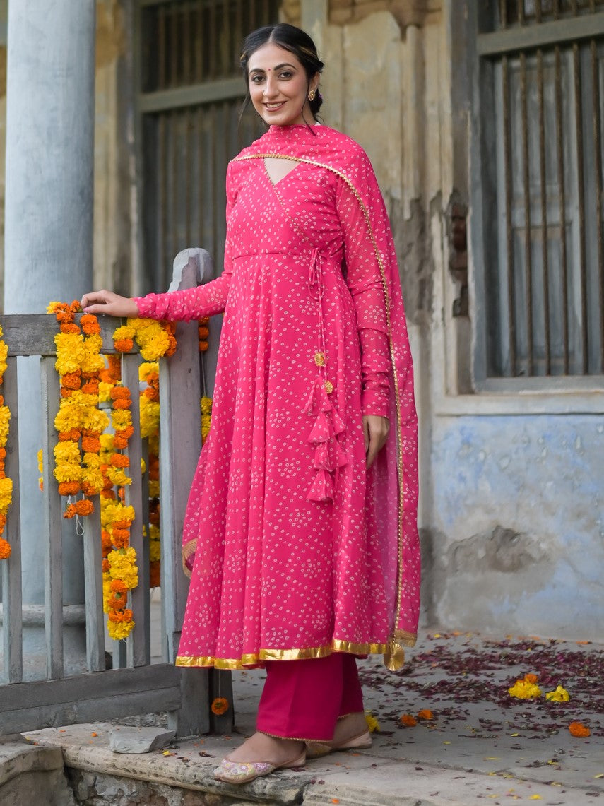 Rani Pink Bandhani Anarkali Kurta with Dupatta